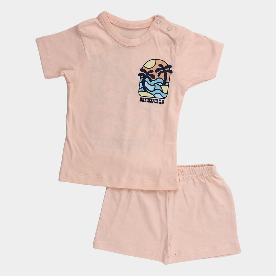 Infants' Peach 100% Cotton Round Neck Hawaii Printed Baba Suit, Peach, large