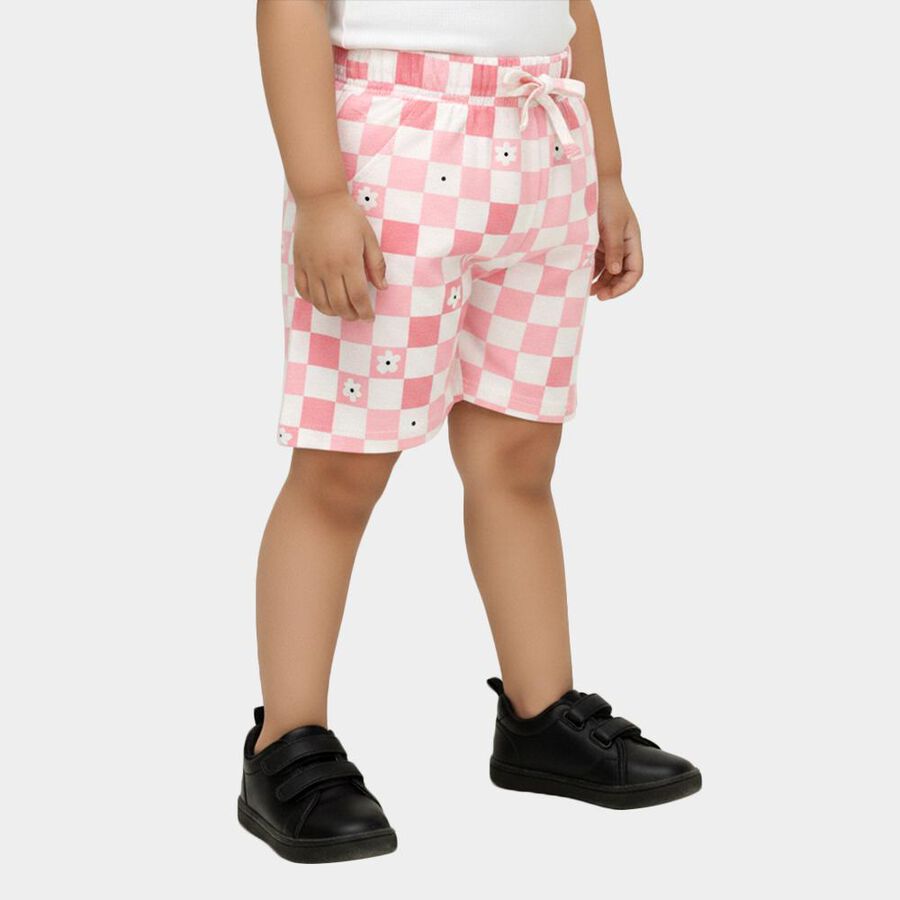 Girls' Pink Regular Fit Checkered Floral Shorts, हल्का गुलाबी, large