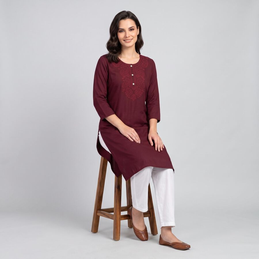 Women's Wine Round Neck Embroidered Kurta, Wine, large