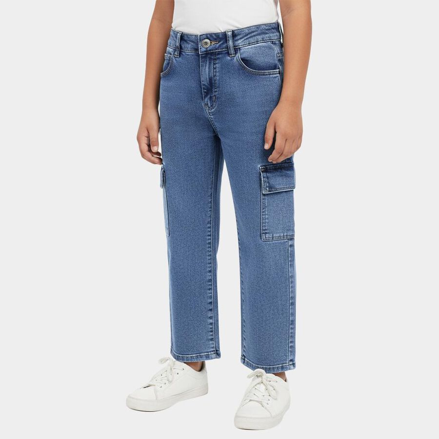 Boys' Stonewashed Blue Relaxed Fit Cargo Jeans, मध्यम नीला, large image number null