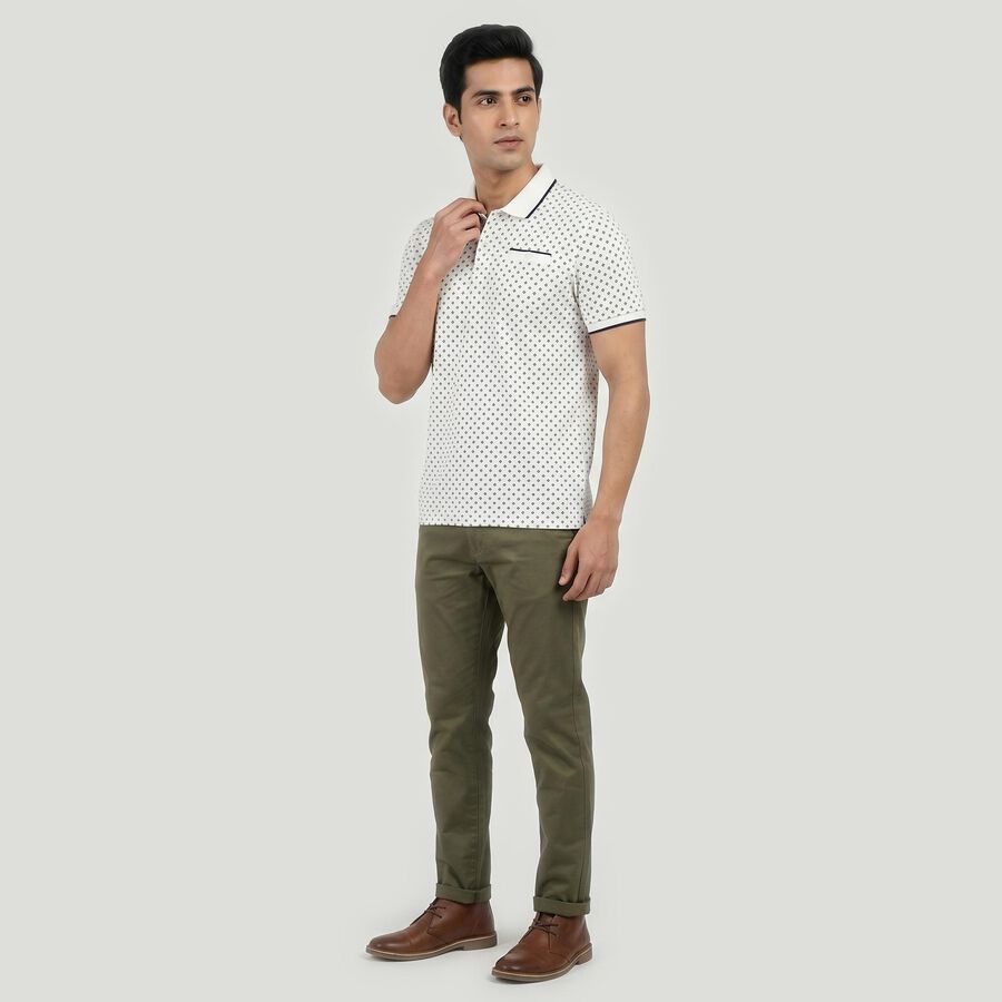 Men's White Cotton Polo Neck Geometric Polo T-Shirt, सफ़ेद, large