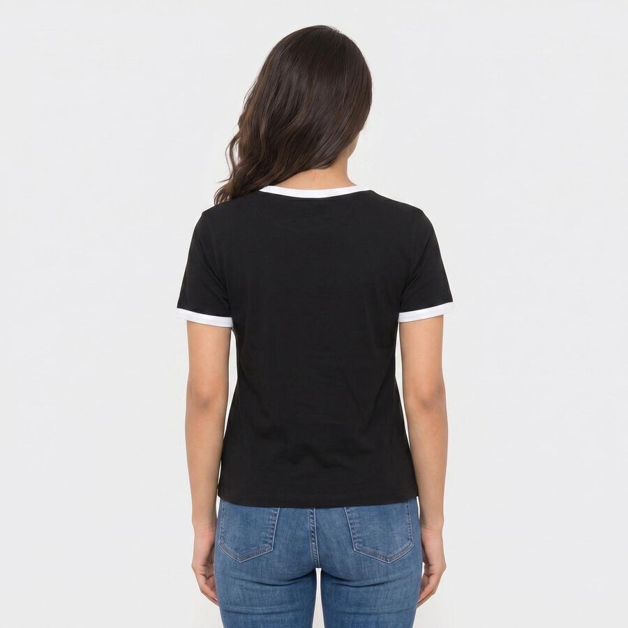 Women's Black Cotton Round Neck Regular T-Shirt, Black, large