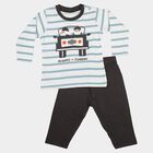 Infants' Teal Blue 100% Cotton Round Neck Striped Baba Suit, टील ब्लू, small