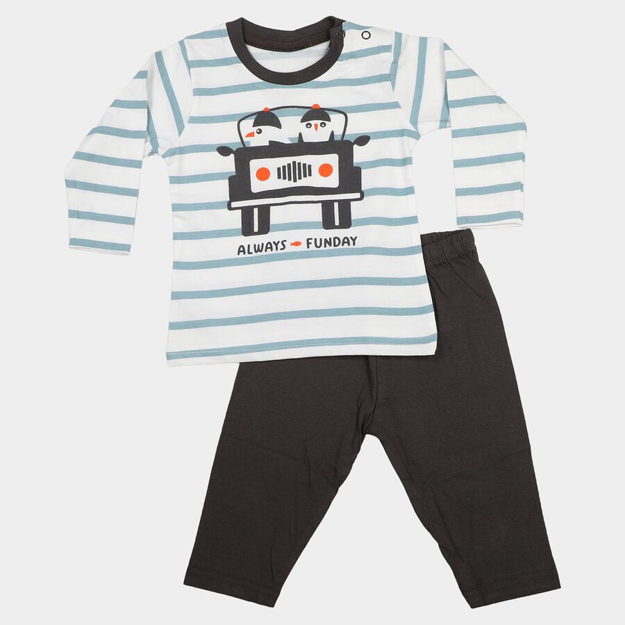 Infants' Teal Blue 100% Cotton Round Neck Striped Baba Suit, टील ब्लू, large