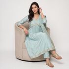 Women's Light Blue V-Neck Embroidered Kurta, हल्का नीला, small