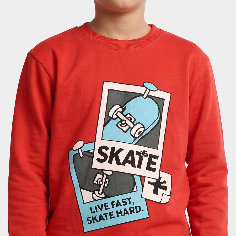 Boys' Red Crew Neck Graphic Print Sweatshirt, Red, large