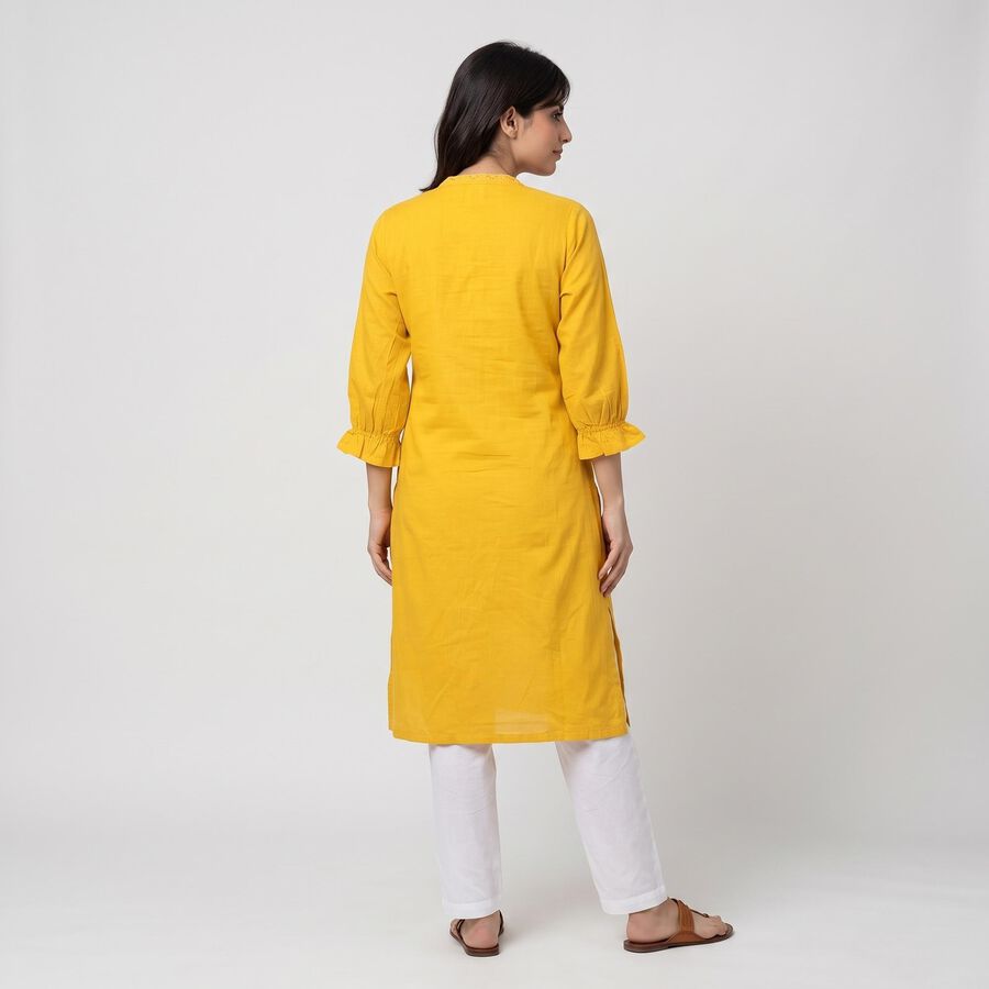 Women's Yellow Cotton V-Neck Embroidered Kurta, Yellow, large