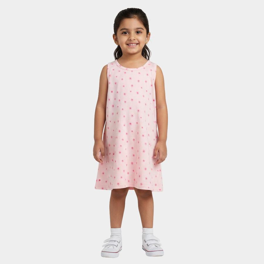 Girls' Pink A-Line All Over Printed Sleeveless Frock, हल्का गुलाबी, large