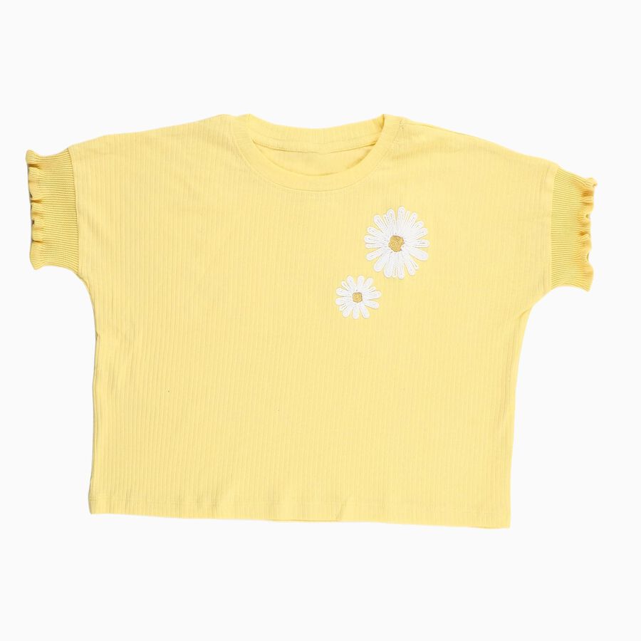 Girls Light Yellow Cotton Round Neck Casual T-Shirt, Yellow, large image number null