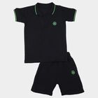 Boys Navy Blue Polo Neck Printed Baba Suit, Navy Blue, small