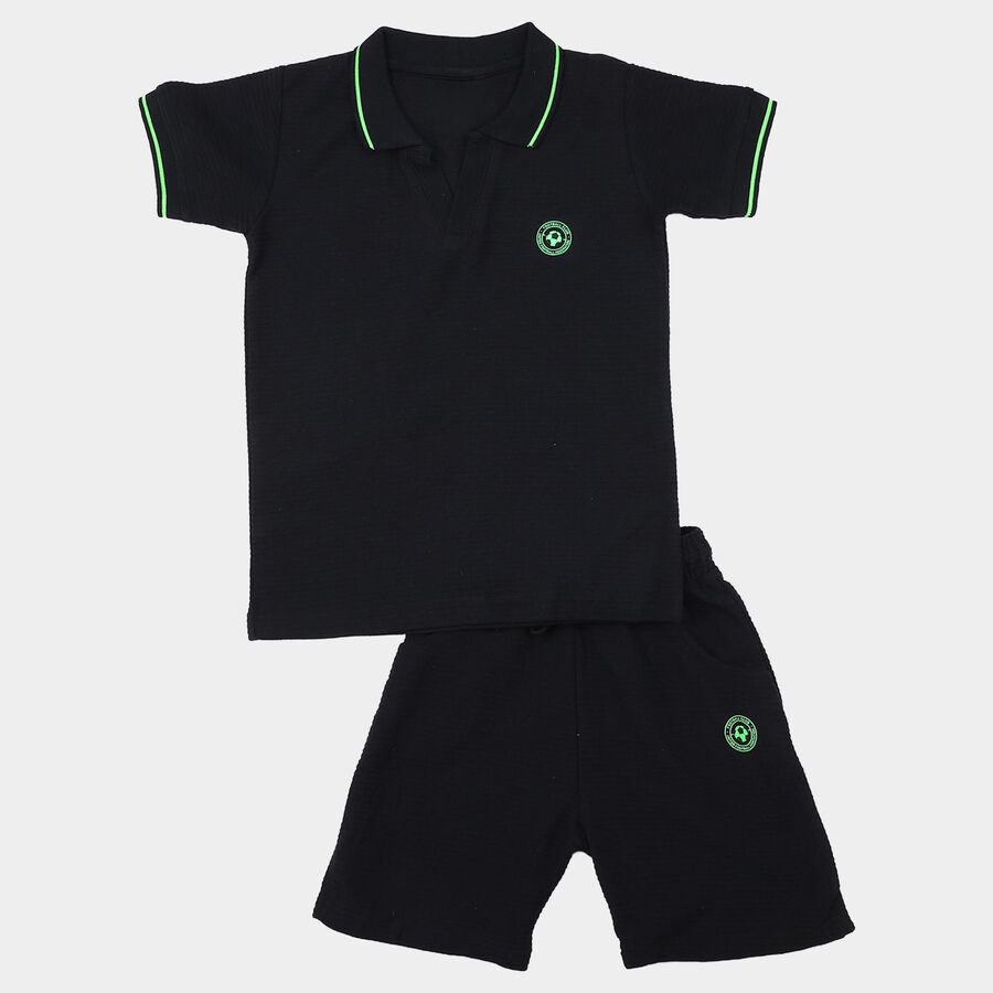 Boys Navy Blue Polo Neck Printed Baba Suit, Navy Blue, large