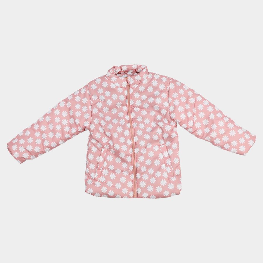 Girls' Pink Stand Collar Puffer Jacket, Pink, large