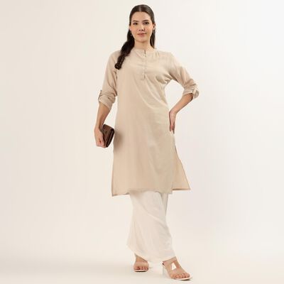 Women's Beige 100% Cotton Notch Neck Printed Straight Kurta