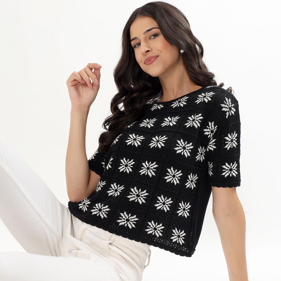 Women's Black Round Neck Casual Printed Top, Black, large