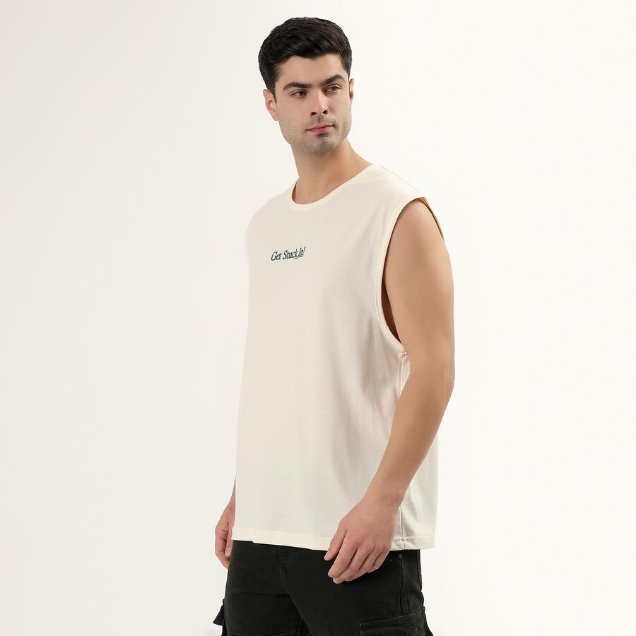 Men's Off-White Crew Neck Casual Sleeveless T-Shirt, Off White, large