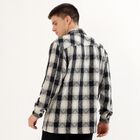 Men's Black and White Checked Spread Collar Casual Shirt, Off White, small