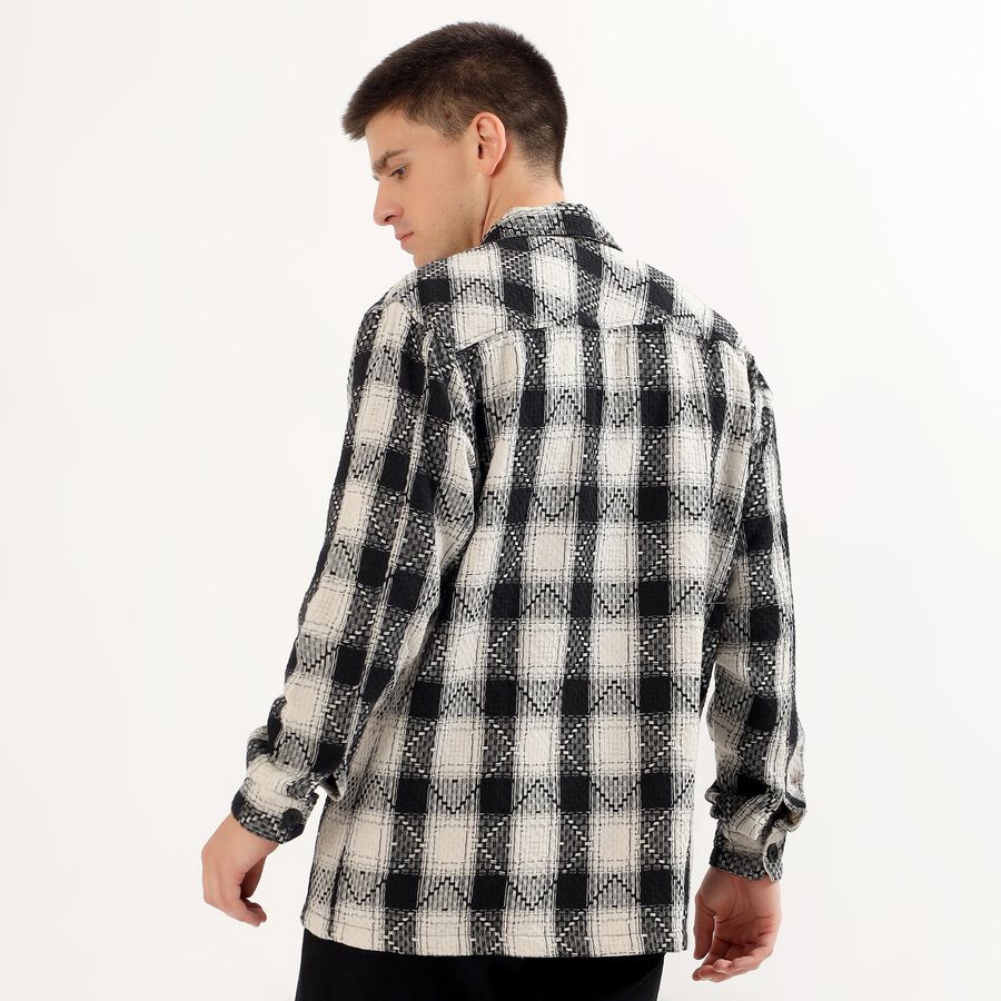 Men's Black and White Checked Spread Collar Casual Shirt, Off White, large