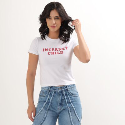 Ladies Bright White Round Neck Crop Top
