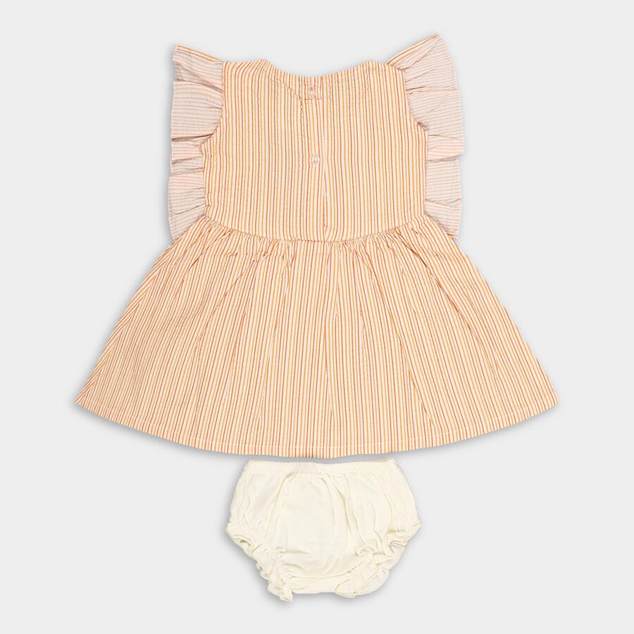 Infants' Yellow and White Striped Floral Embroidered Cotton Frock, Peach, large