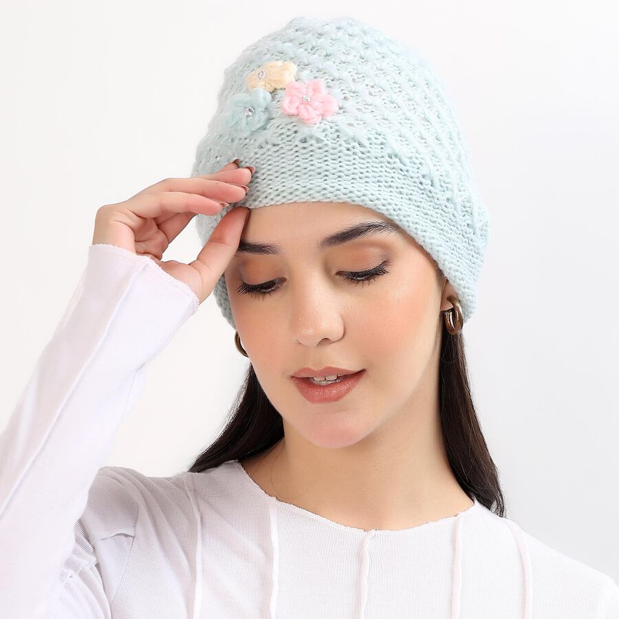 Women's Light Pastel Blue Floral Beanie Cap, हल्का हरा, large image number null