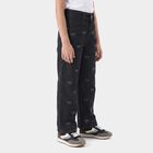 Girls' Black Straight Fit Bow Printed Jeans, काला, small