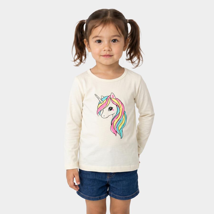 Girls Beige Round Neck Regular Top, Beige, large