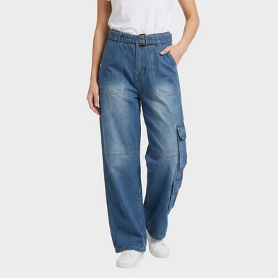 Women's Blue Wide Leg Cargo Jeans