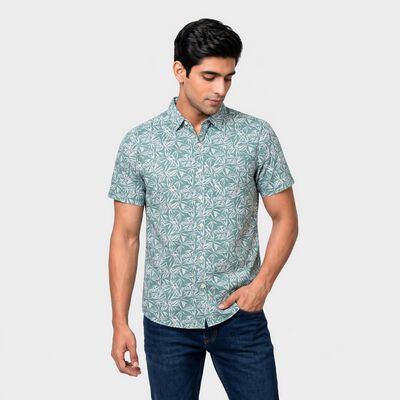 Men's Green Cotton Printed Collar Casual Shirt