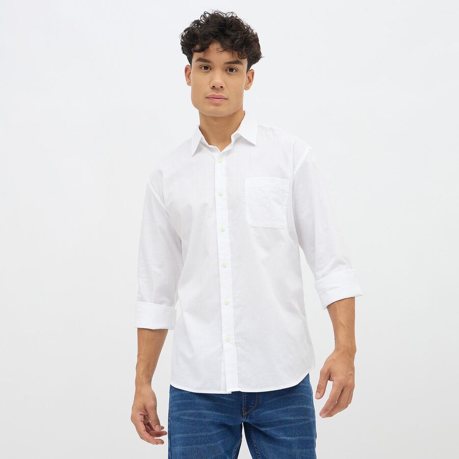 Men's Bright Snow White Cotton Spread Collar Casual Shirt, सफ़ेद, large image number null