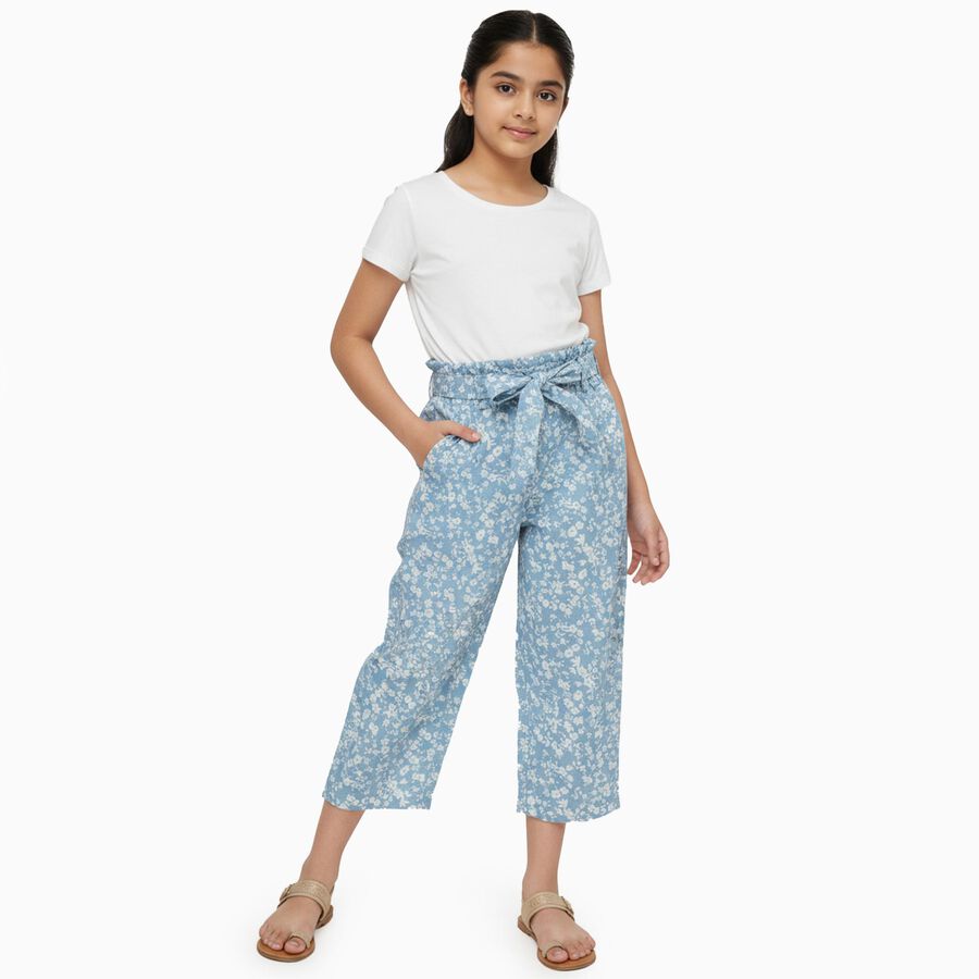 Girls' Light Blue Floral Printed Tie-Waist Capri, Light Blue, large