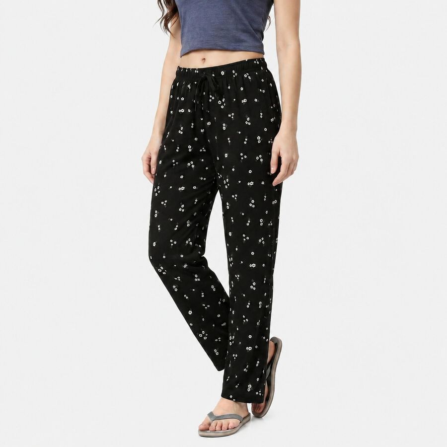Women's Black Straight Fit Floral Printed Drawstring Pyjama, काला, large