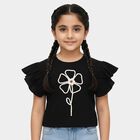 Girls' Jet Black Round Neck Casual T-Shirt, Black, small