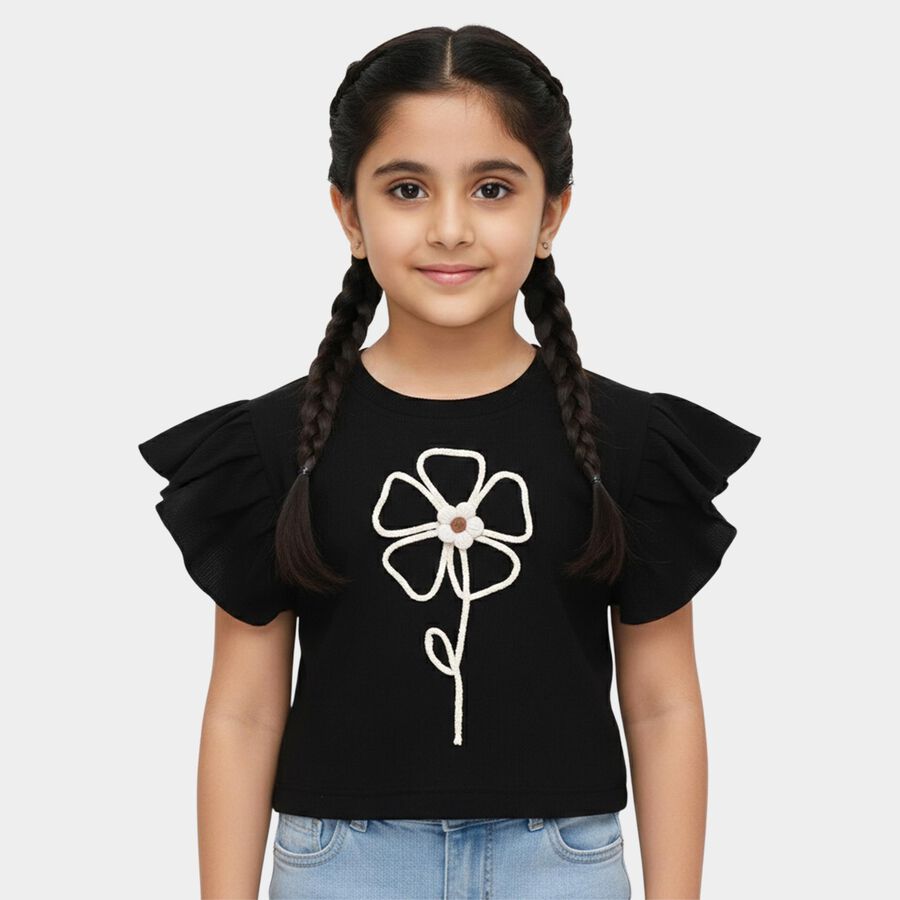 Girls' Jet Black Round Neck Casual T-Shirt, Black, large