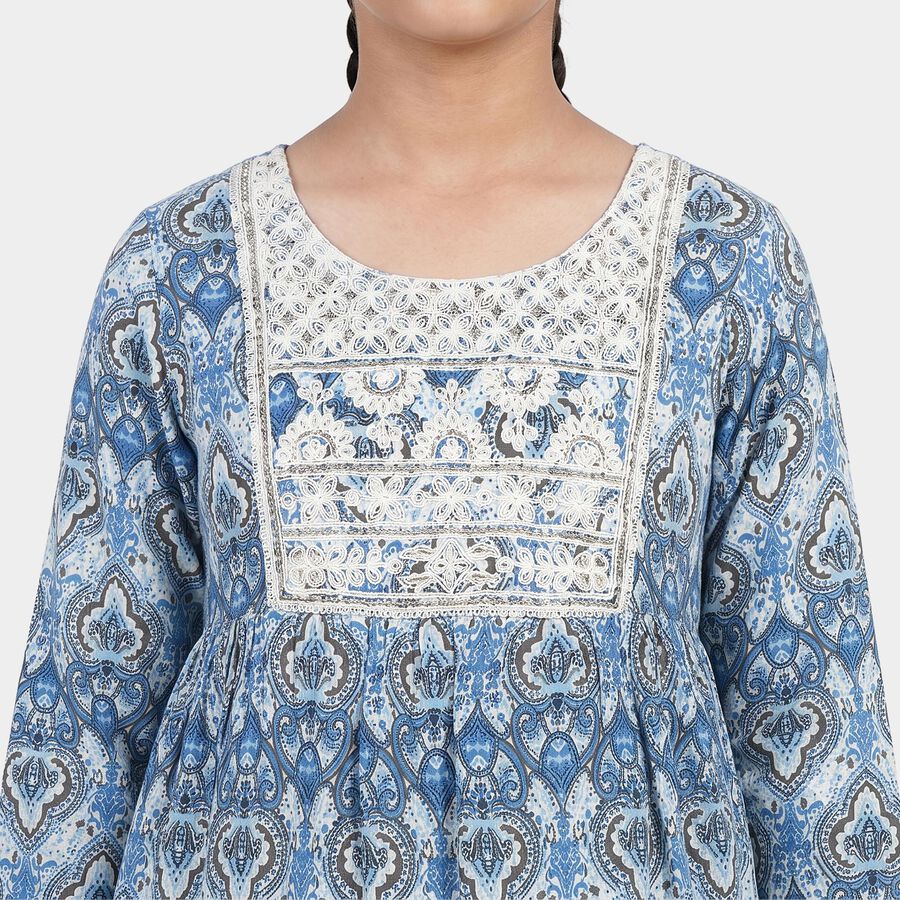 Girls Blue Round Neck Fusion Set Fusion Set, मध्यम नीला, large