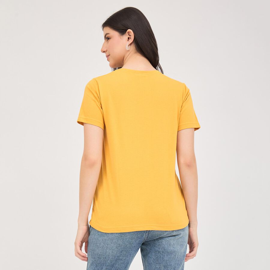 Women's Bright Yellow Round Neck Graphic Print T-Shirt, Mustard, large