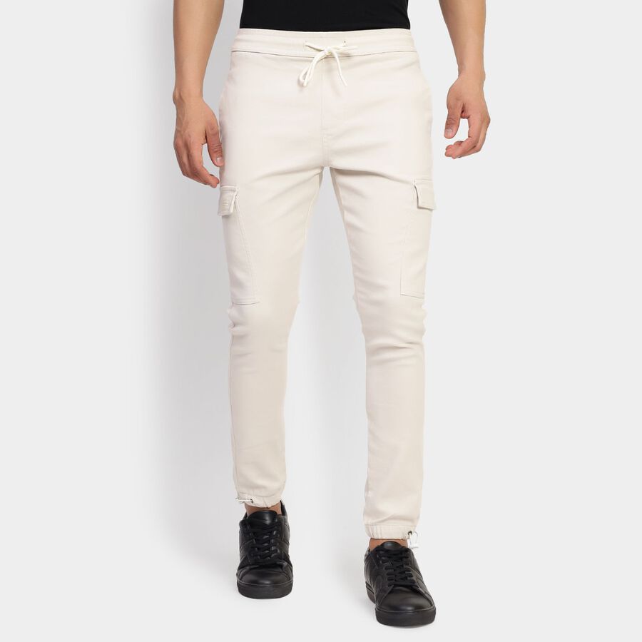 Men's Slim Fit Casual Trousers, Ecru Melange, large image number null