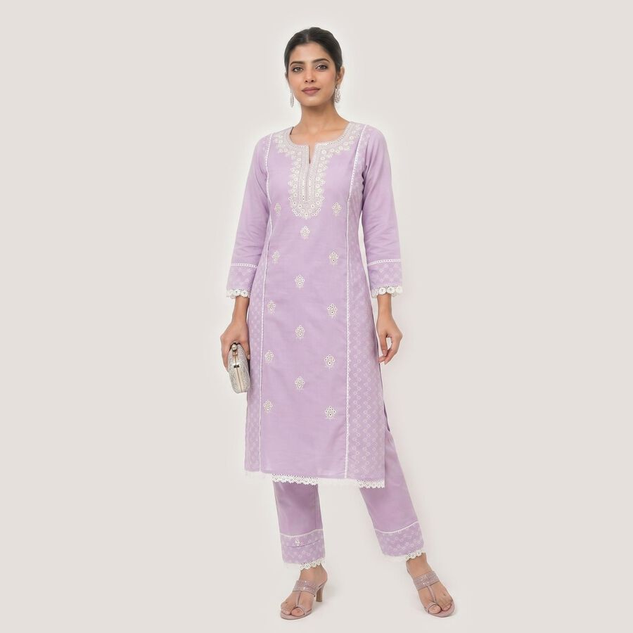 Women's Lavender Cotton Embroidered Ethnic Set, Lilac, large