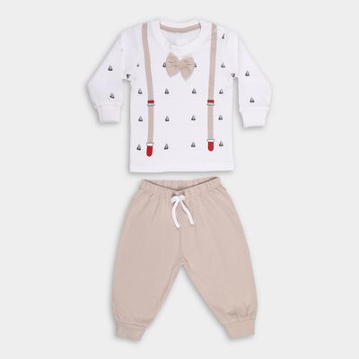 Infants' Beige Cotton Round Neck Printed Baba Suit