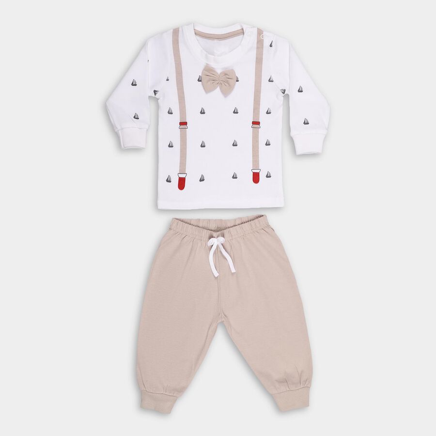 Infants' Beige Cotton Round Neck Printed Baba Suit, गहरा पीला, large image number null