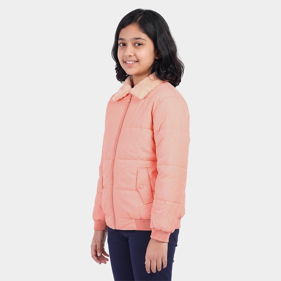 Girls' Pink Faux Fur Collar Puffer Jacket, Pink, large