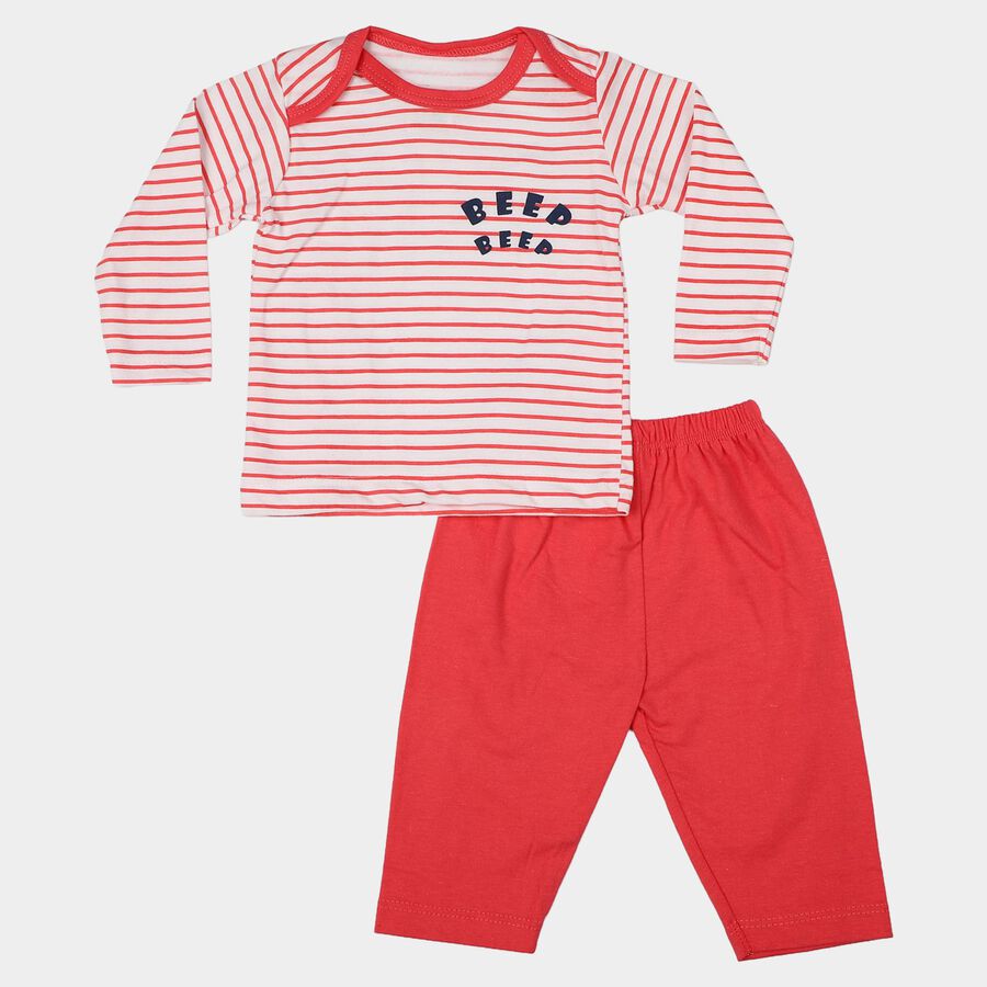 Infants' Coral 100% Cotton Round Neck Striped Baba Suit, Coral, large