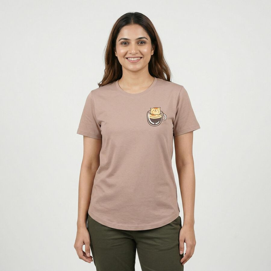 Women's Brown Cotton Round Neck Casual T-Shirt, Brown, large