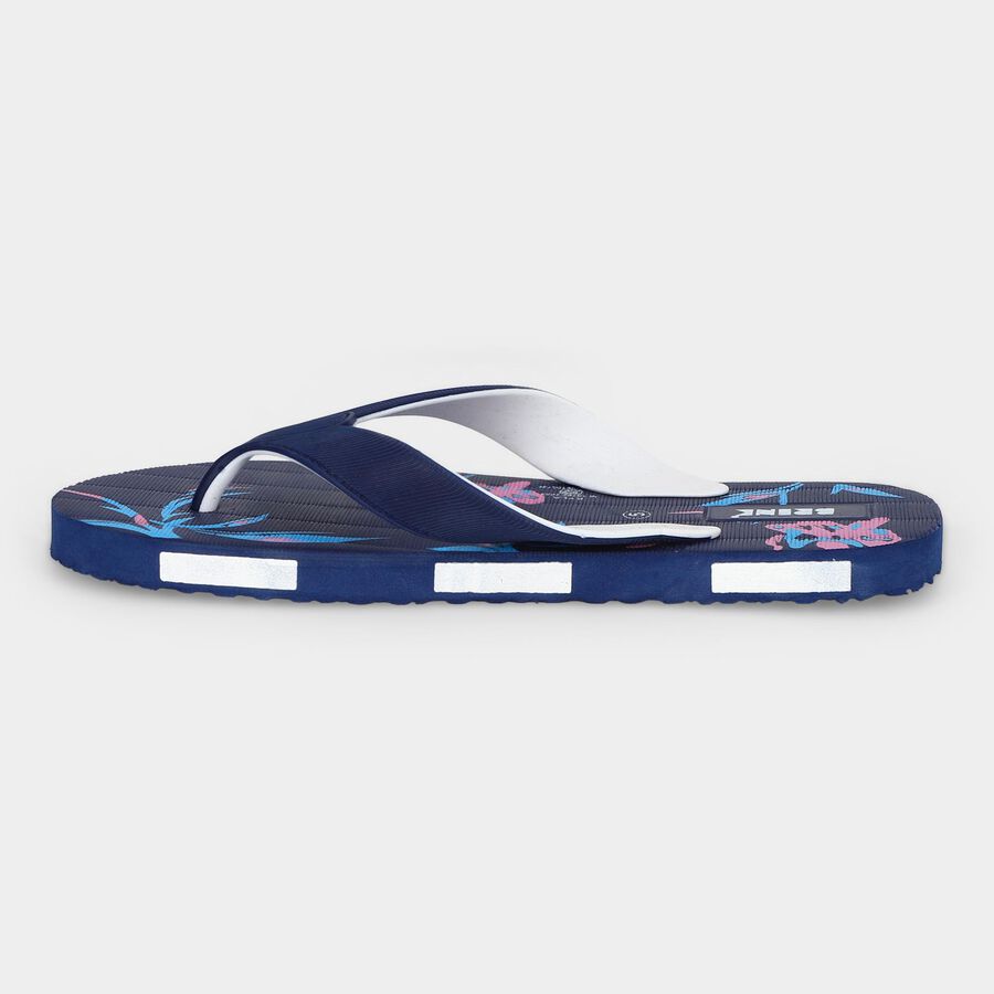 Women's Navy Blue Floral Print Flip-Flops, गहरा नीला, large