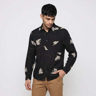 Men's Black Abstract Printed Collar Shirt