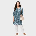 Women's Teal Blue Notch Neck Geometric Kurta, टील ब्लू, small
