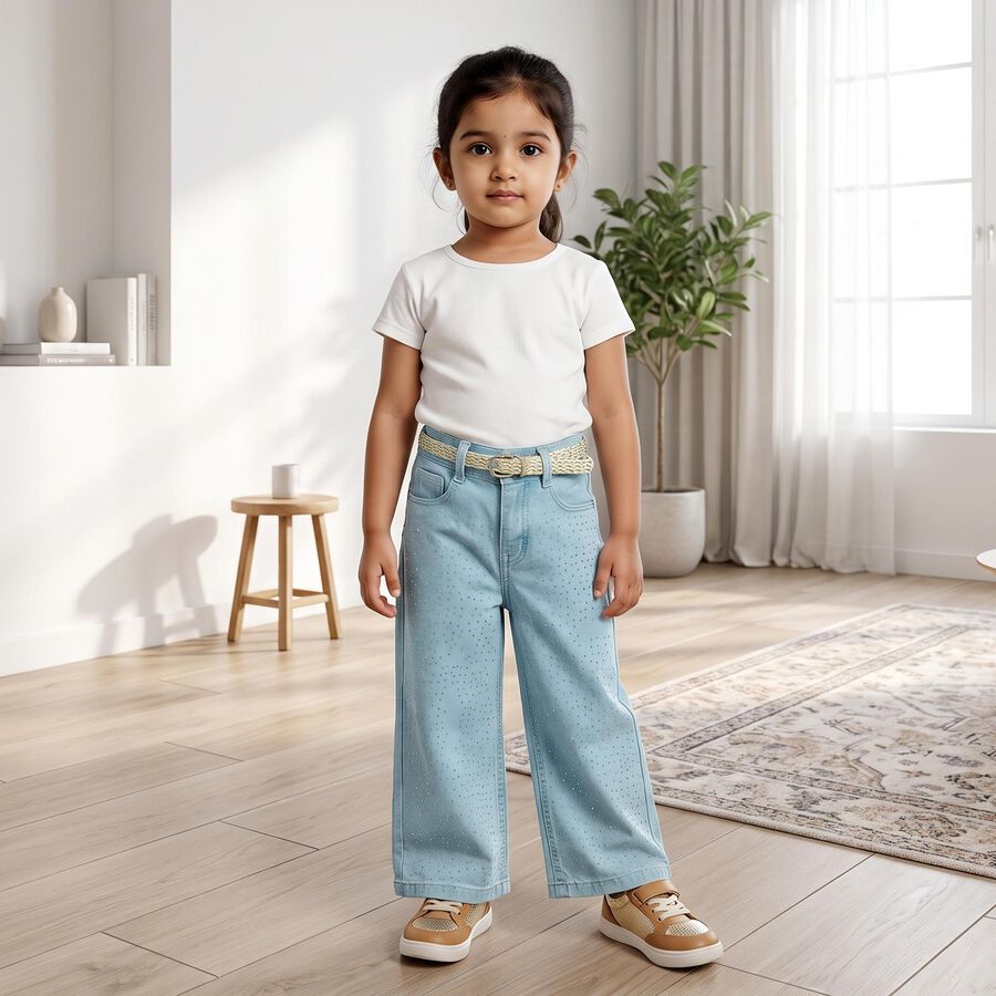 Girls' Light Blue Wide Leg Studded Jeans, Light Blue, large