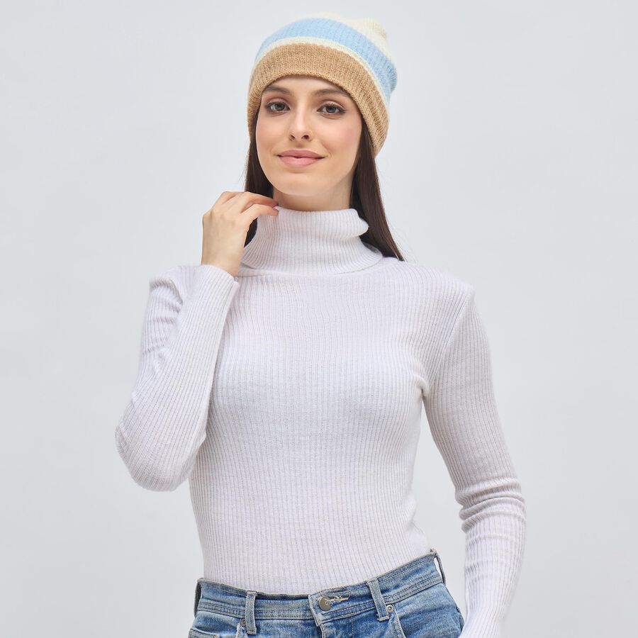Women's Beige and Blue Knitted Beanie Cap, हल्का नीला, large image number null