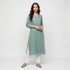 Women's Aqua Green Cotton Notch Neck Embroidered Kurta, Aqua, small