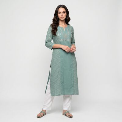 Women's Aqua Green Cotton Notch Neck Embroidered Kurta