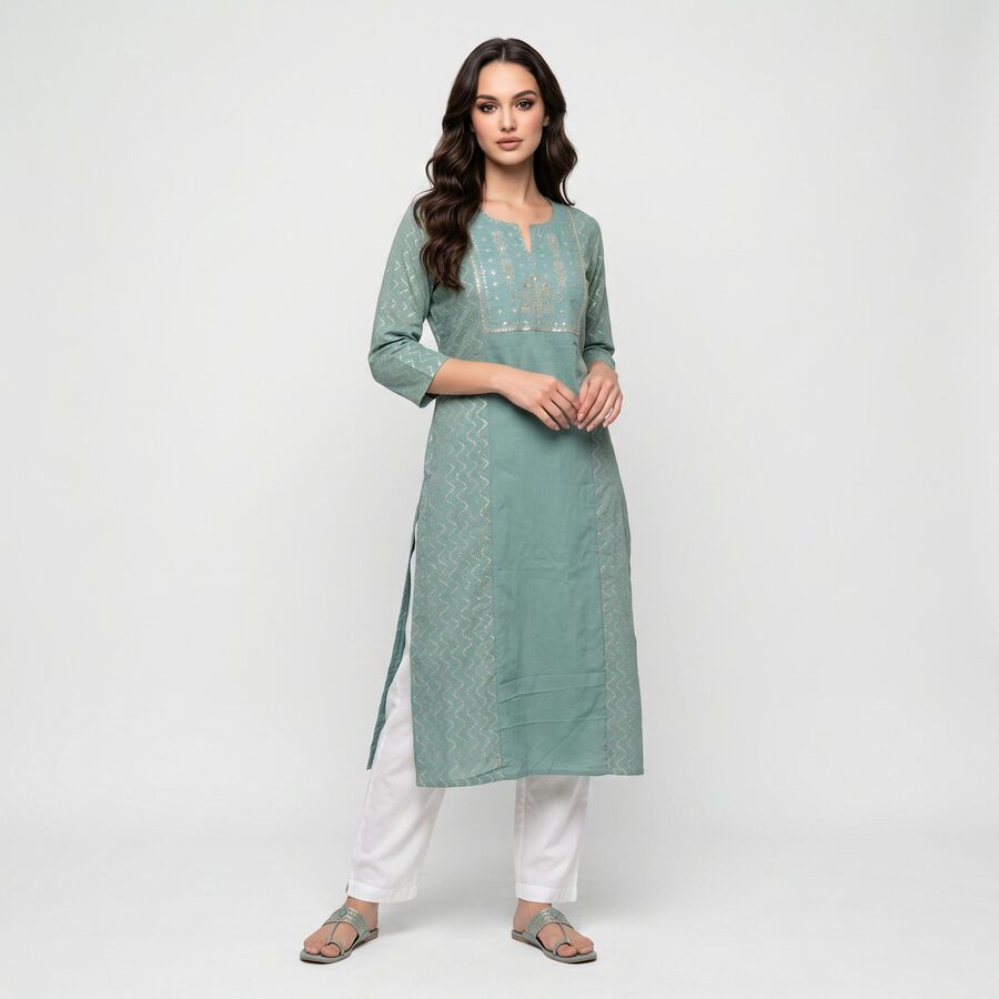 Women's Aqua Green Cotton Notch Neck Embroidered Kurta, Aqua, large